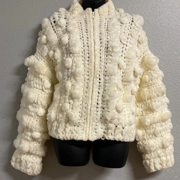 CEE Sweaters Cee Off White Acrylic Crochet Woven Pom Pom